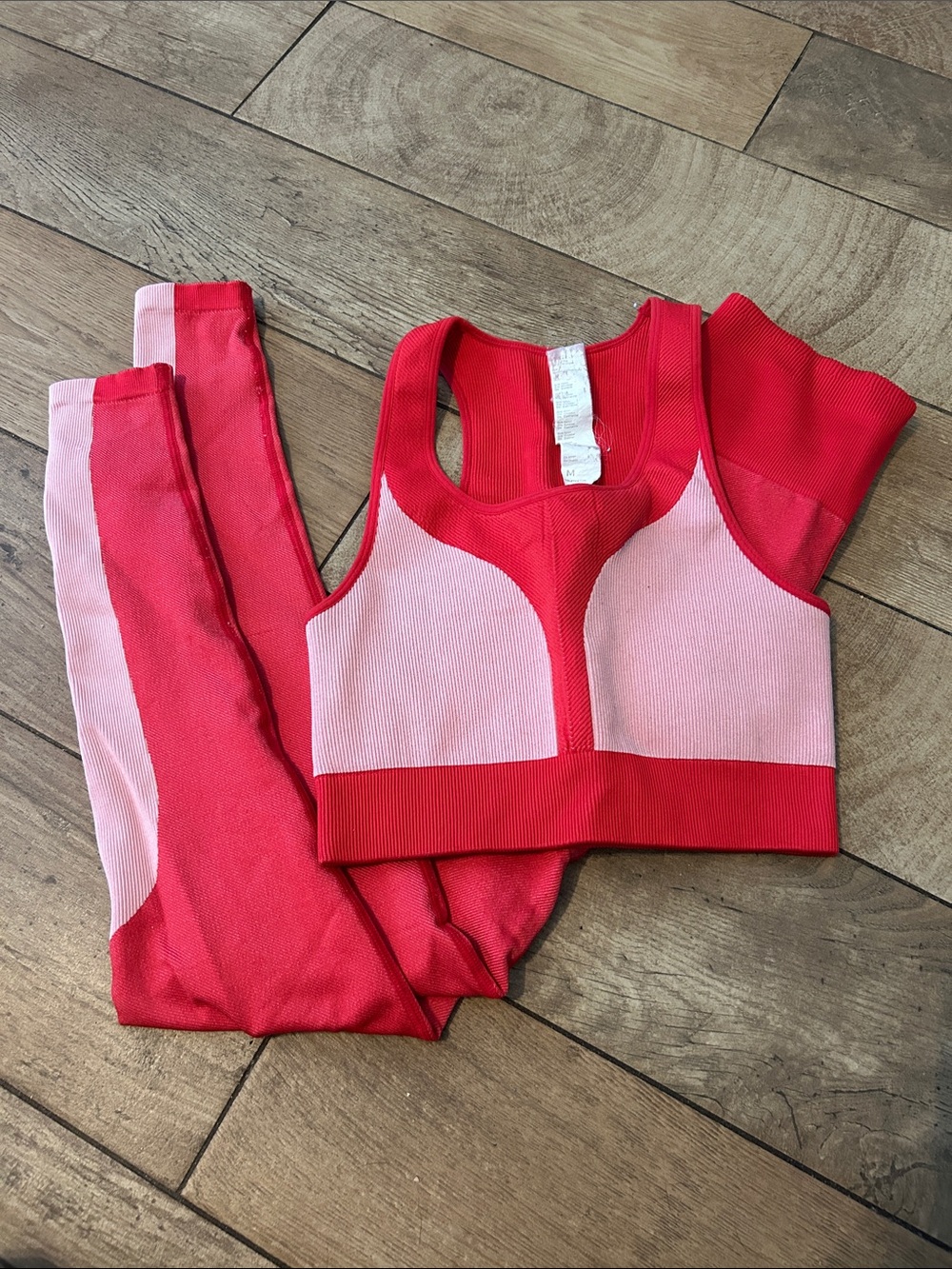 Fabletics Pink Colorblock Ribbed Sports Bra & Leggings Set | Top M Bottoms S